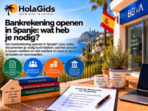 Afbeelding over een bankrekening openen in Spanje, met een Spaanse bank, laptop en checklist met benodigde documenten, met aandacht voor residenten en niet-residenten, kosten, voorwaarden en het kiezen van een bank.