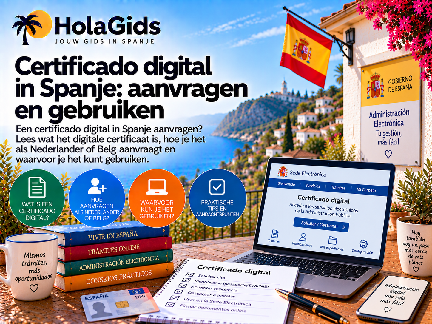 Afbeelding over het certificado digital in Spanje, met laptop, digitale overheidsomgeving en aanvraagdocumenten, met aandacht voor aanvragen als Nederlander of Belg, online identificatie en het gebruik bij Spaanse overheidsdiensten.