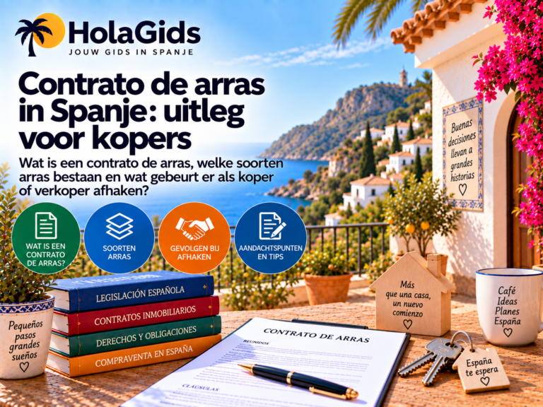 Afbeelding over het contrato de arras in Spanje, met een Spaans koopcontract, huissleutels en woning, met aandacht voor soorten arras, gevolgen van afhaken en belangrijke aandachtspunten voor kopers.