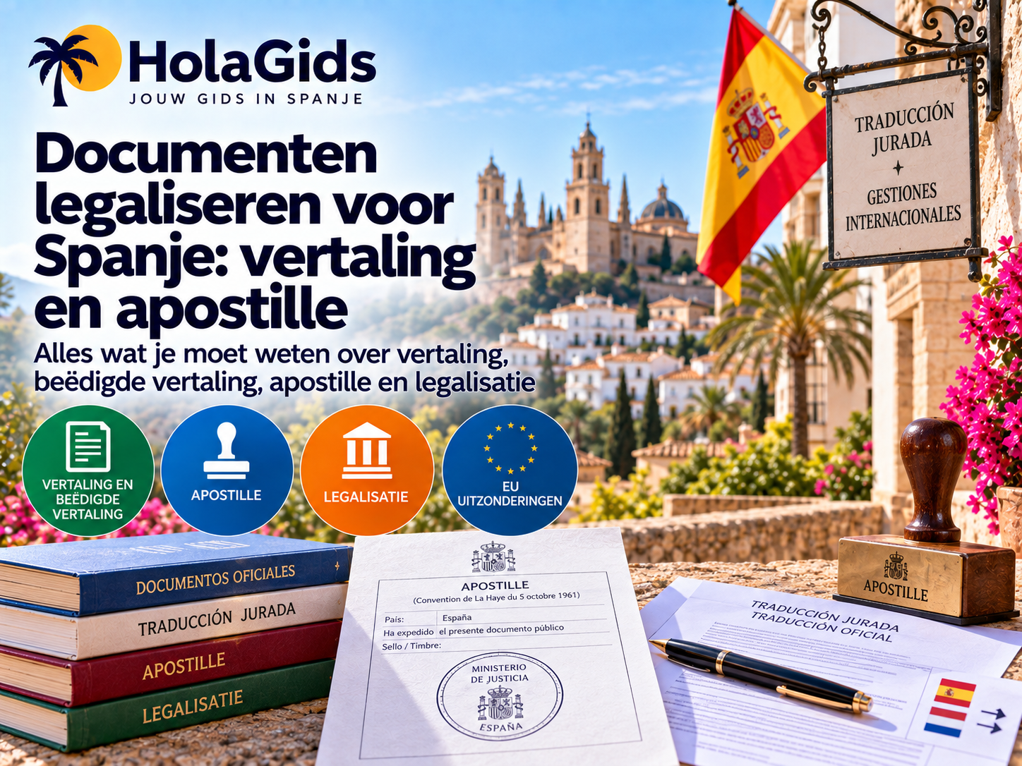 Afbeelding over documenten legaliseren voor Spanje, met officiële documenten, een apostille, beëdigde vertaling en stempel tegen een Spaanse achtergrond.