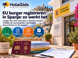Afbeelding over registratie als EU burger in Spanje, met een Spaanse immigratiedienst, Nederlandse en Belgische documenten, registratieformulier en verwijzingen naar voorwaarden en benodigde documenten.