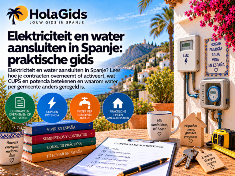 Afbeelding over elektriciteit en water aansluiten in Spanje, met elektriciteitsmeter, watermeter, contractdocumenten en huissleutels, met aandacht voor contractovername, CUPS, potencia en gemeentelijke watervoorziening.