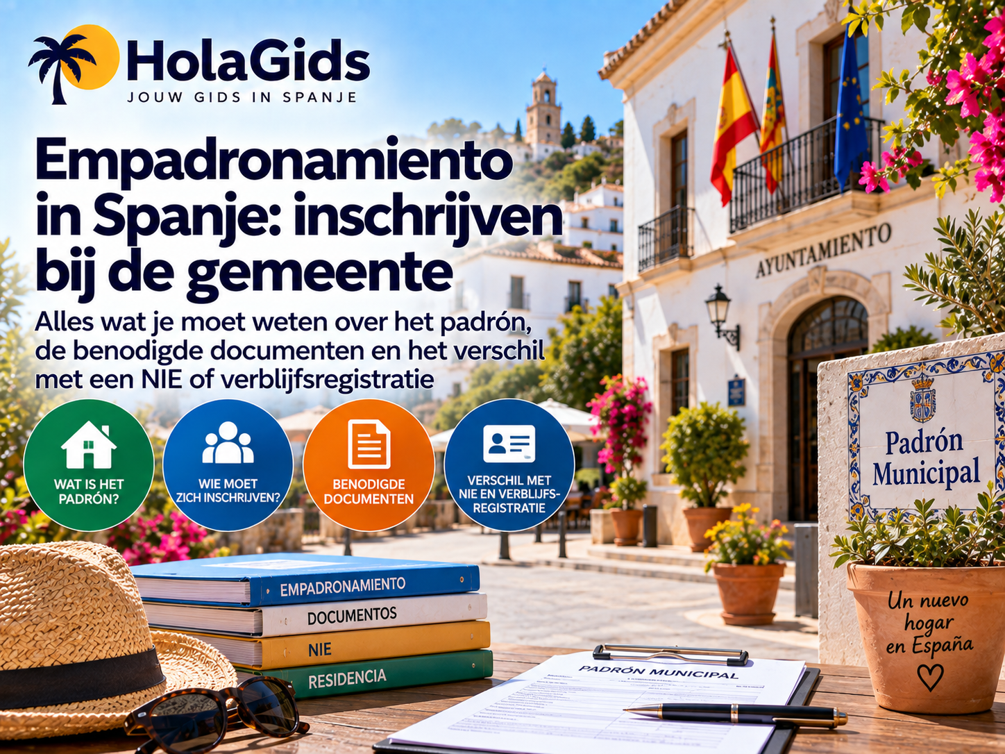 Afbeelding over empadronamiento in Spanje, met een Spaans gemeentehuis, padrón municipal, inschrijfformulier en documenten rond NIE en verblijfsregistratie.