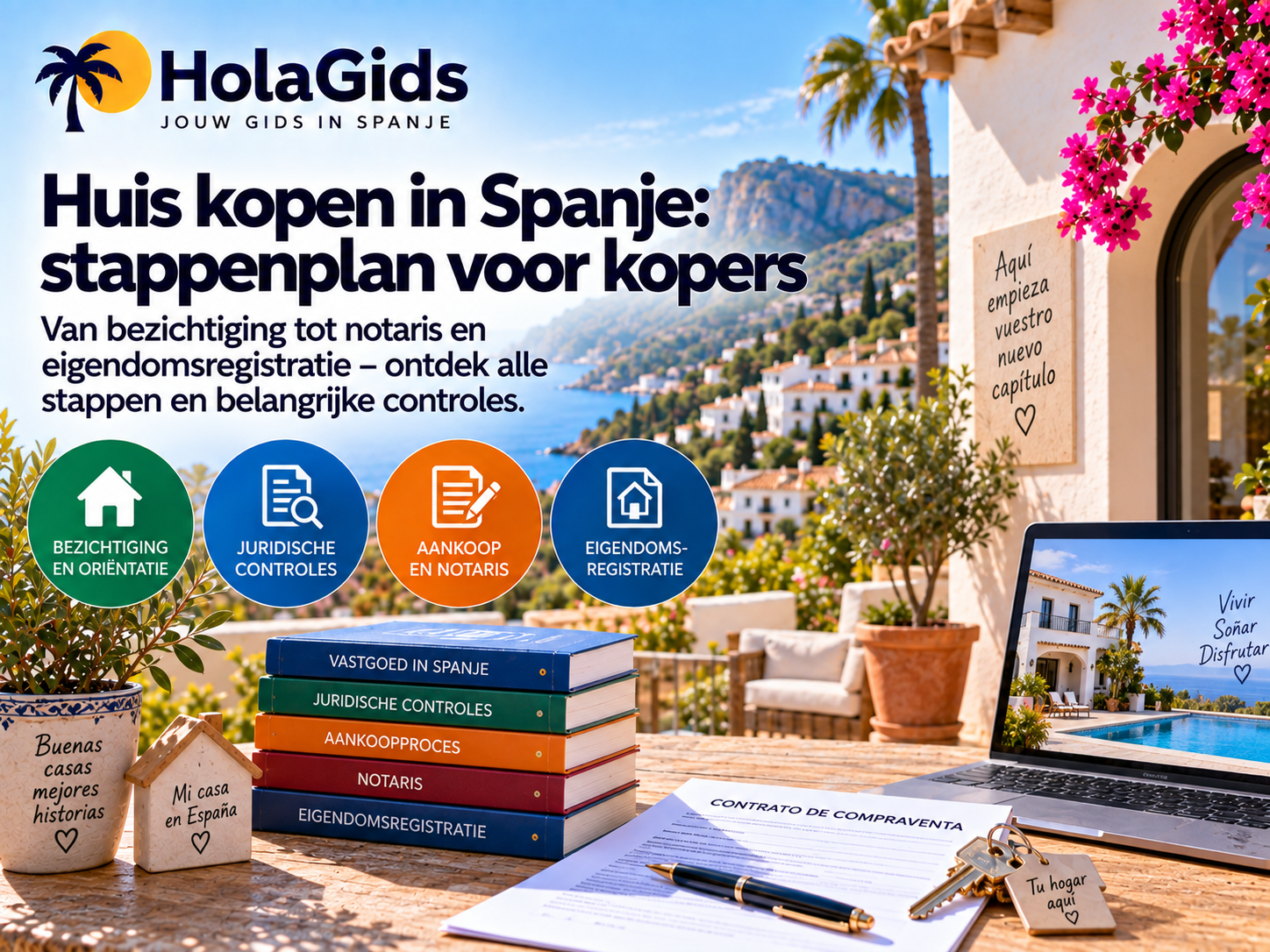 Afbeelding over een huis kopen in Spanje, met een Spaanse woning, koopcontract, sleutels en informatie over bezichtiging, juridische controles, notaris en eigendomsregistratie.