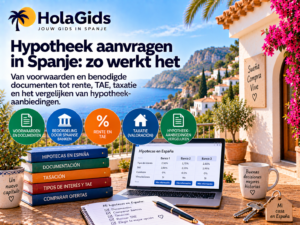 Afbeelding over een hypotheek aanvragen in Spanje, met een Spaanse woning, hypotheekdocumenten, bankvergelijking en informatie over rente, TAE, taxatie en hypotheekaanbiedingen.