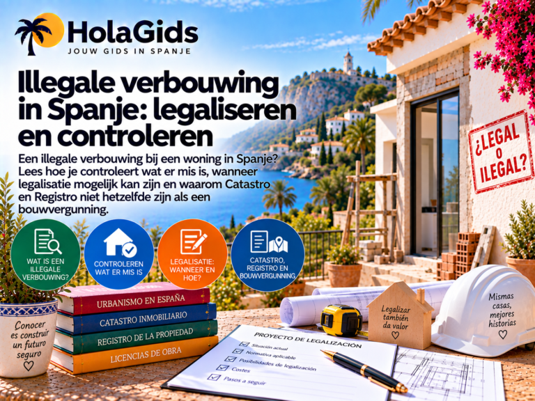 fbeelding over een illegale verbouwing in Spanje, met een Spaanse woning in verbouwing, bouwtekeningen en documenten, met aandacht voor controle, legalisatie, Catastro, Registro de la Propiedad en bouwvergunningen.