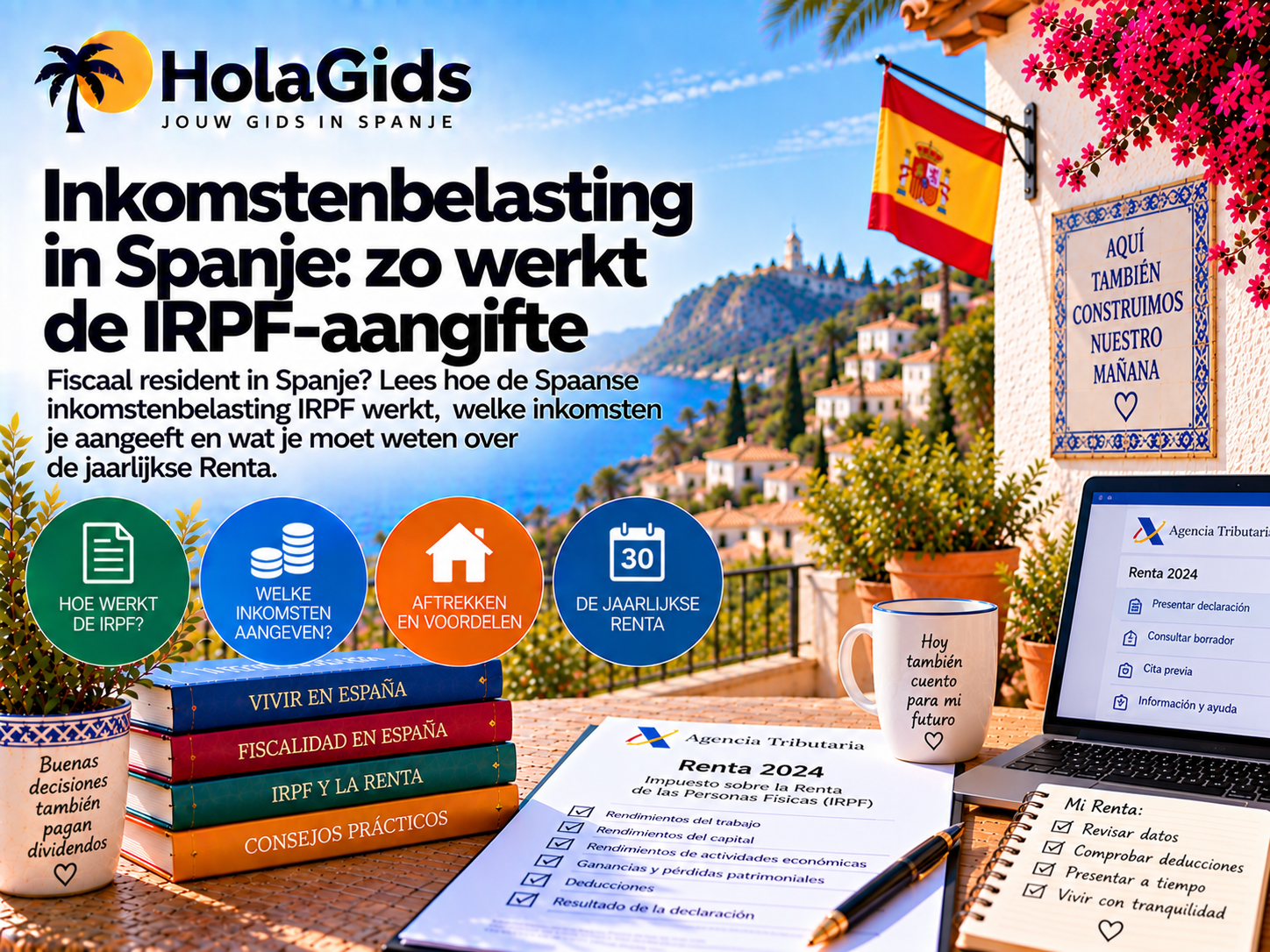 Afbeelding over de inkomstenbelasting IRPF in Spanje, met Spaanse belastingdocumenten, laptop en aangifteformulier, met aandacht voor belastbare inkomsten, aftrekposten en de jaarlijkse Renta-aangifte.