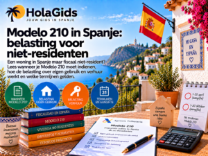 Afbeelding over Modelo 210 in Spanje, met een Spaans belastingformulier, woning, rekenmachine en kalender, met aandacht voor niet-residenten, belasting over eigen gebruik, verhuur en aangiftetermijnen.