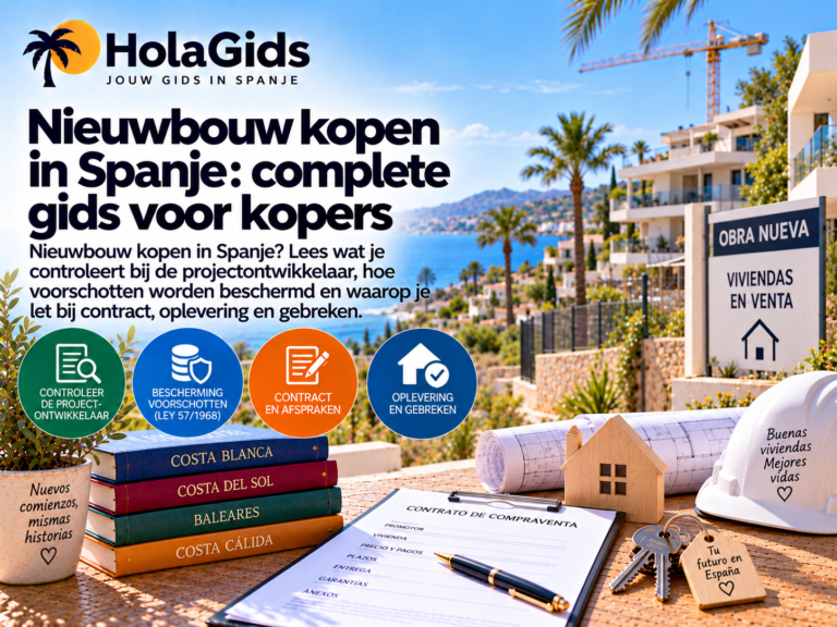 Afbeelding over nieuwbouw kopen in Spanje, met nieuwbouwproject, bouwkraan, koopcontract, bouwtekeningen en sleutels, met aandacht voor de projectontwikkelaar, bescherming van voorschotten, contract, oplevering en gebreken.