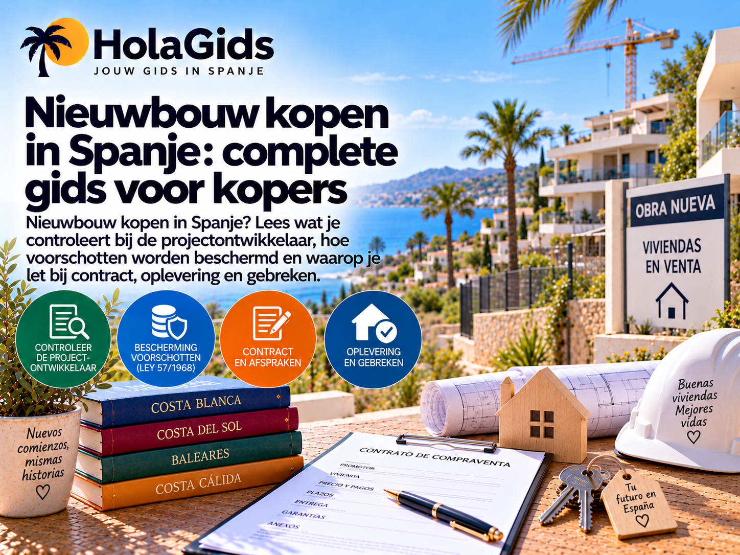 Afbeelding over nieuwbouw kopen in Spanje, met nieuwbouwproject, bouwkraan, koopcontract, bouwtekeningen en sleutels, met aandacht voor de projectontwikkelaar, bescherming van voorschotten, contract, oplevering en gebreken.