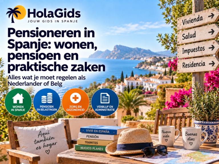 Afbeelding over pensioneren in Spanje, met een zonnig Spaans kustdorp, terras, pensioeninformatie en verwijzingen naar wonen, zorg, belastingen, verblijf en administratie.