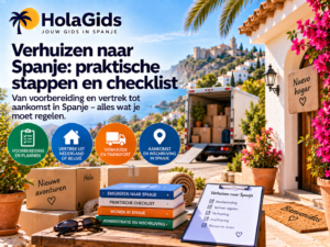 Afbeelding over verhuizen naar Spanje, met verhuiswagen, verhuisdozen en checklist bij een Spaanse woning, met stappen voor voorbereiding, vertrek, transport en inschrijving na aankomst.